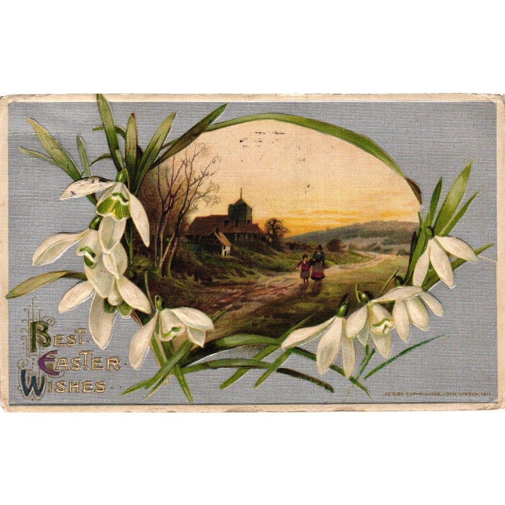 Vintage 1911 John Winsch Easter Postcard Snowdrops Church Sunset 1912 Postmark